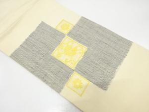 アンティーク　手織り真綿紬　カットワーク　枡に花唐草模様名古屋帯